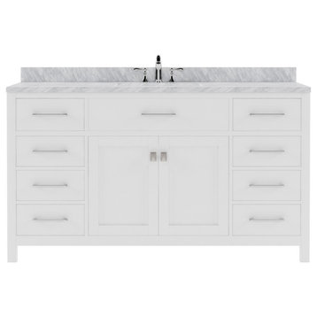 Caroline 60" Single Bath Vanity, White, White Marble Top and Square Sink