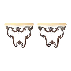 Pair of Italian Rococo Style Polished Steel Limestone Top Consoles - Console Tables