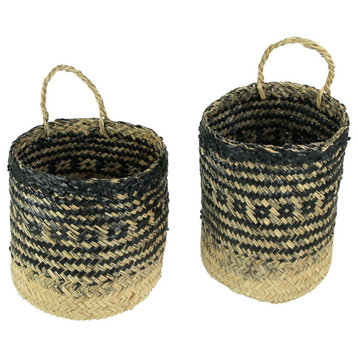 Set of 2 Geometric Pattern Hand-Woven Seagrass Round Baskets Bohemian Decor