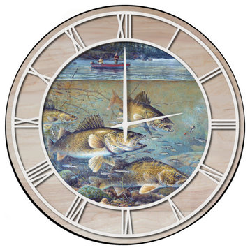Wall Clock With Woodgrain Accent, Fisherman's Walleye, White Numbers 24"x24"