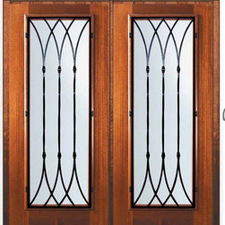 Prehung Double Door 80 Wood Mahogany Warwick Full Lite Wrought Iron - Front Doors