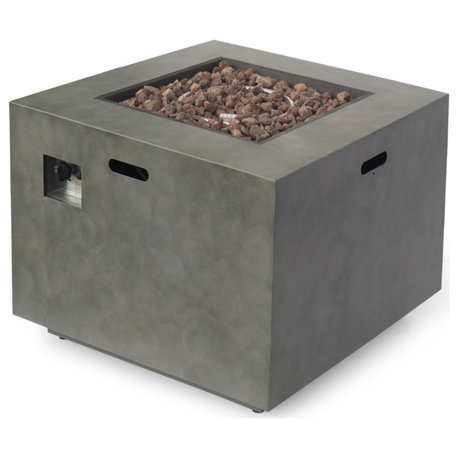 GDF Studio Jasmine Outdoor Dark Gray Finish Iron 33" Square Fire Pit, 50,000 BTU, Concrete Finish