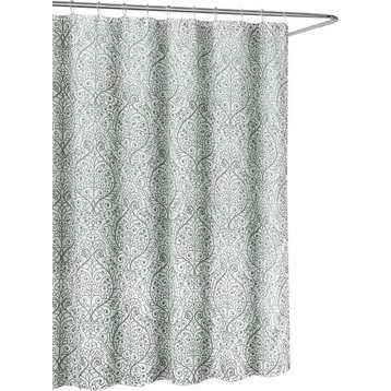 Leona Grey White Sheer Fabric Shower Curtain, Floral Scroll Damask Design
