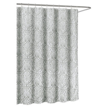 Leona Grey White Sheer Fabric Shower Curtain, Floral Scroll Damask Design