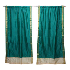 Mogul Interior - 2 Indian Silk Sari Curtains Draperies Sea Green Brocade Border Window Decor - Curtains