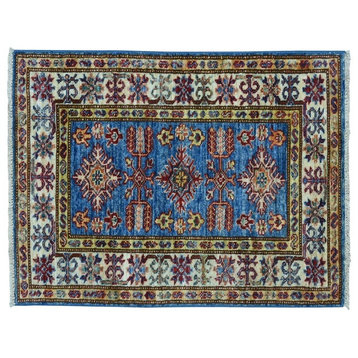 2'x2'10" Blue Super Kazak Pure Wool Geometric Design Handmade Rug
