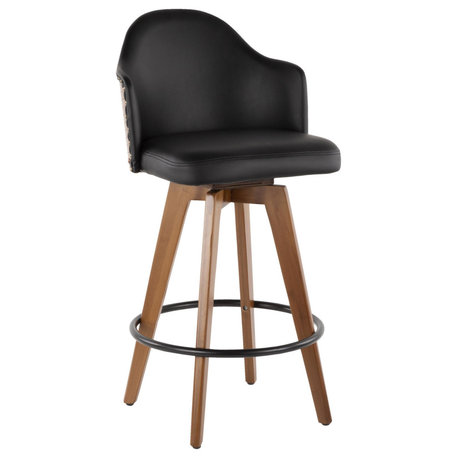 Ahoy Mid-Century Counter Stool, Walnut/Black Faux Leather