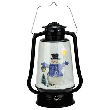 13.5" Black Lighted Musical Snowman Snowing Christmas Table Top Lantern