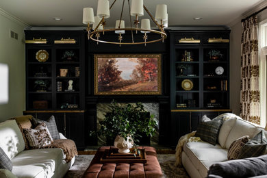 Inspiration for a mid-sized timeless open concept medium tone wood floor and brown floor living room remodel in Detroit with black walls, a standard fireplace, a stone fireplace and a wall-mounted tv