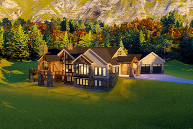 Example of a huge mountain style two-story house exterior design in Boston