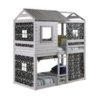 Donco Kids Deer Blind Twin Over Twin Solid Wood Bunk Bed with Camo Tent in Gray