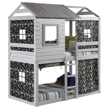 Donco Kids Deer Blind Twin Over Twin Solid Wood Bunk Bed with Camo Tent in Gray