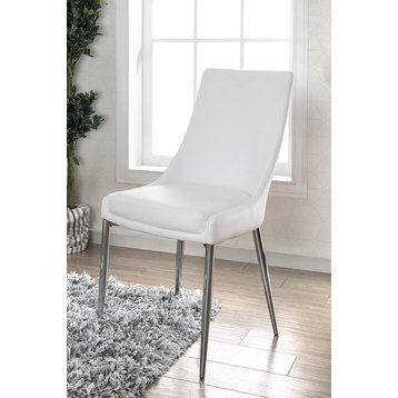 Benzara BM183312 Leather Upholstered Metal Side Chair 2 set, White/Chrome Silver