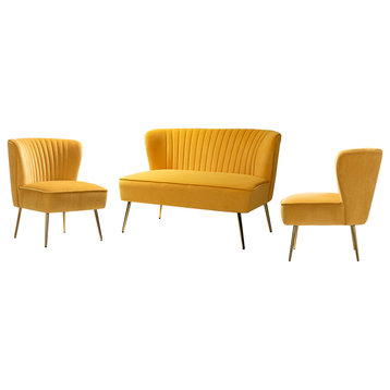 Upholstered 3 Piece Living Room Set, Mustard