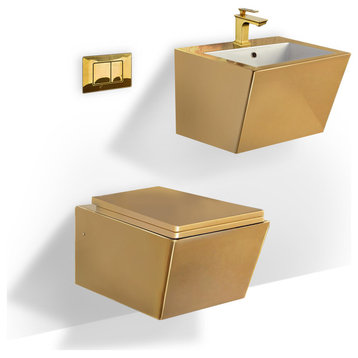 Wall Mount Gold Toilet, Sink