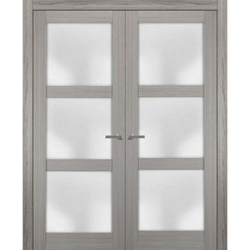 Solid French Double Doors 60 x 80 Frosted Glass, Lucia 2552 Grey Ash