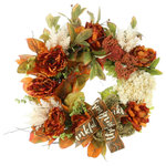 Creative Displays and Designs - 28" Wreath with Fall Colors - Wreath with orange leaves, cream queen ann's lace, rust queen ann's lace, green berry, cream hydrangea, thankful bow, peony and papyrus grass.