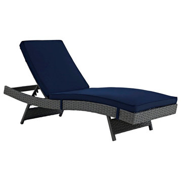 Modern Contemporary Urban Outdoor Patio Chaise Lounge Chair, Navy Blue, Rattan