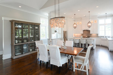 Large transitional kitchen/dining combo in Atlanta with grey walls, dark hardwood floors and no fireplace.