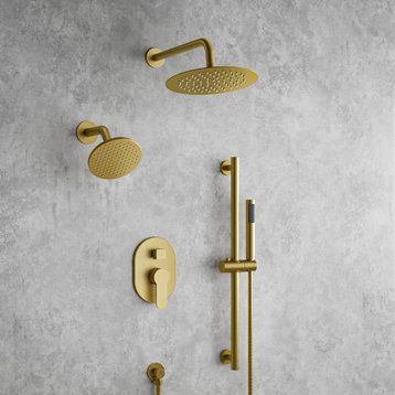 Dual Heads Rainfall Shower Faucet System with Slide Bar Handheld Shower, Brushed Gold, 10" & 6"