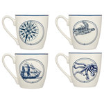 Godinger - Nautical Coffee Mug Set - Blue and white nautical theme porcelain mugs one each decorated with clipper ship, turtle, compass, and octopus design.