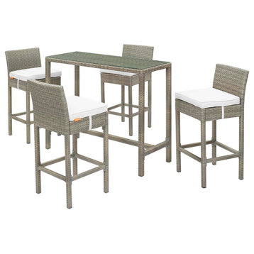 Outdoor Patio Bar Dining Chair and Table Set, Fabric Glass Rattan Wicker, White
