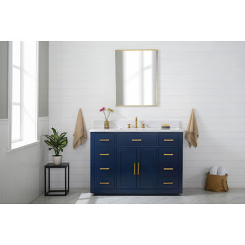Grace Mid-century Bathroom Vanity w/Sink, Carrara White Quartz Top, Blue, 48"