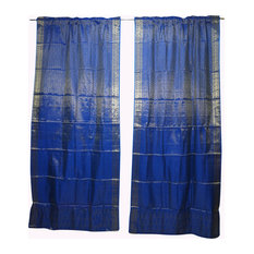 Mogul Interior - 2 Indian Silk Sari Curtain Drape Blue Window Treatment Panel 96x44 - Curtains