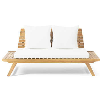 Unique Patio Loveseat, Oversized Acacia Frame With Cushions, Teak and White