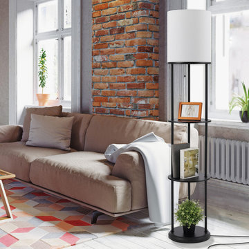 Reid 57.5" Shelf Floor Lamp, Matte Black, White Linen Shade, Built-In Shelving U
