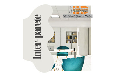 Immagine di un grande atelier minimalista con pareti bianche, pavimento con piastrelle in ceramica, scrivania autoportante e pavimento grigio