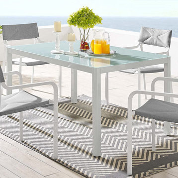 Patio Dining Table, Aluminum Frame With Foot Caps & Tempered Glass Top, White
