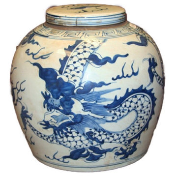 Vintage Style Blue and White Porcelain Lidded Ginger Jar Dragon Motif 9"