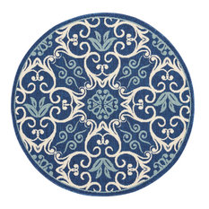 Nourison Caribbean Geometric Floral Navy 4' x ROUND Indoor Outdoor Area Rug