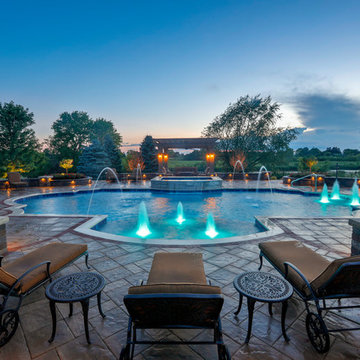 Elgin, IL Roman End Pool with Freeform Hot Tub
