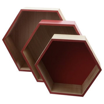 Set of 3 Basic Luxury Hexagonal Shadow Boxes With Accents, Rose Red