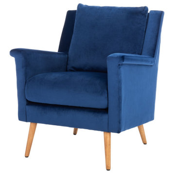 Contemporary Accent Chair, Oak Wood Frame and Straight Legs, Navy Velvet