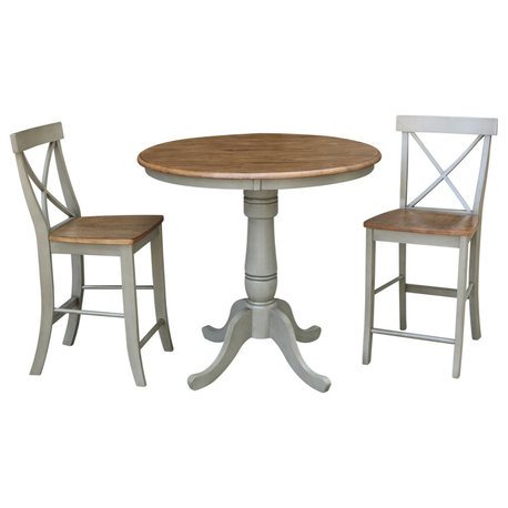 36" Round Pedestal Gathering Height Table With Counter Height Stools, Distressed Hickory/Stone