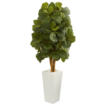 5' Fiddle Leaf Artificial Tree, White Tower Planter