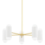 Mitzi by Hudson Valley Lighting - Kira 10-Light Chandelier Aged Brass/Soft White Combo - A futuristic vision, Kira is a charming, fashion-forward light fixture that is sure to make waves. In both the chandelier and wall sconce styles, globe bulbs nestle perfectly in the cylindrical, pill-like forms, diffusing light in opposite directions for a bold effect. Available in soft white, soft black, and aged brass, Kira comes as a wall sconce, 10-light chandelier, and 12-light chandelier.