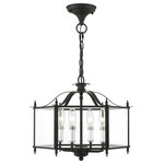 Livex Lighting - Livingston 4 Light Black, Brushed Nickel Accents Convertible Pendant/Semi-Flush - The Livingston collection features a classic six-sided lantern silhouette. The black finish with clear beveled glass gives the fixture charming style and the candelabra bulbs will fill your home with generous amounts of illumination that welcomes your guests. The versatile fixture can be transformed into semi-flush ceiling mounts.