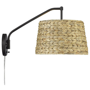 1 Light Wall Sconce-Matte Black Finish-Woven Sweet Grass Shade Color - Wall