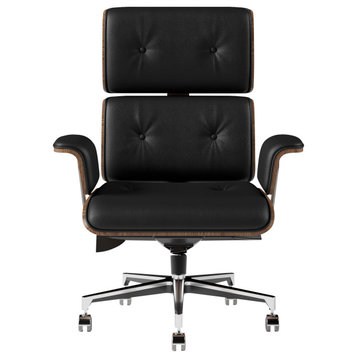 Black Home Office Chair Swivel Upholstered Wooden Desk Chair Adjustable Height, Black