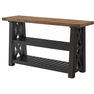 Industrial Console Table, X Shaped Side Panels With 2 Slatted Shelves, Two Tone