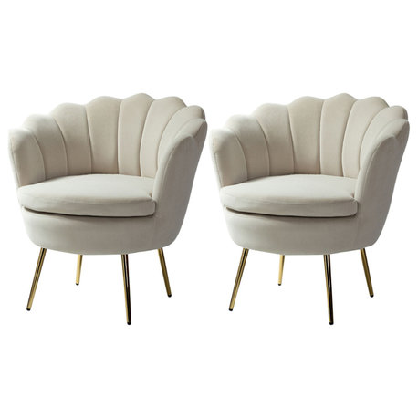 Velvet Accent Barrel Chair With Scalloped Seashell Edges Set of 2, Tan