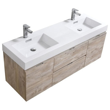 Bliss 60" Double  Sink Nature Wood Wall Mount Modern Bathroom Vanity