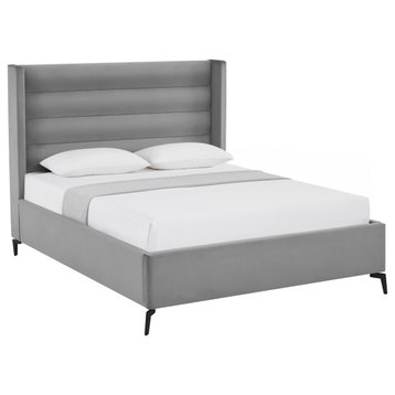 Inspired Home Alessio Bed, Upholstered, Light Gray Velvet Queen
