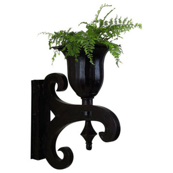 Large Old World Iron Scroll Urn Wall Planter Indoor Outdoor Brown Black Metal