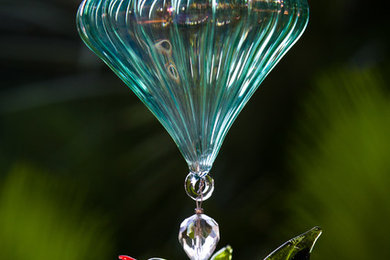 Green Ornament with Handmade Glass Songbird - For Gardens and Windows