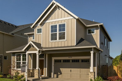 Large transitional beige two-story mixed siding exterior home photo in Portland